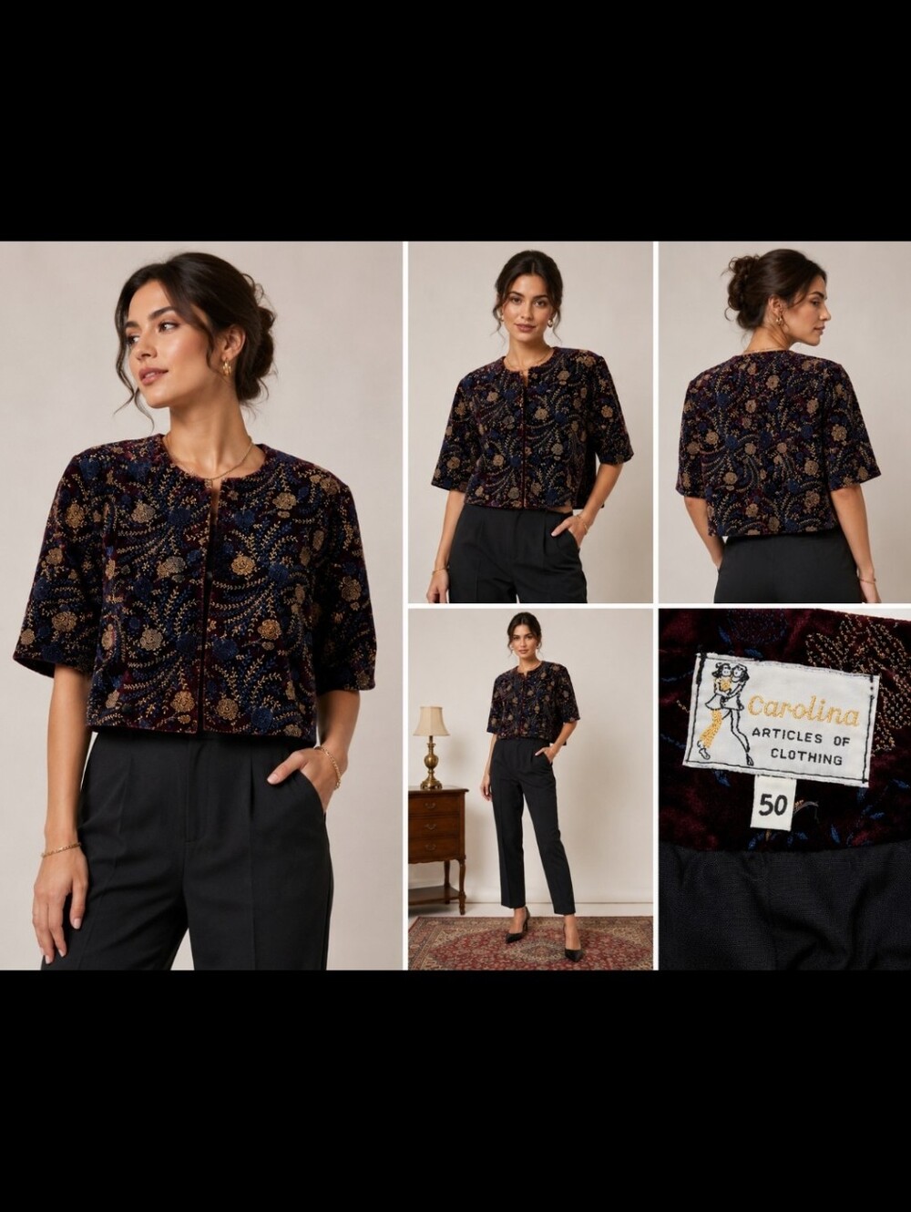 Vintage Carolina Articles of Clothing Sparkly Velvet Floral Jacket Sz 50